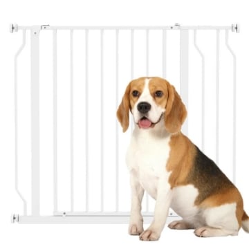 CANCELLETTO PER CANI A LARGHEZZA REGOLABILE CON DOPPIO BLOCCO, IN ACCIAIO E ABS, 76X75-95 CM, BIANCO