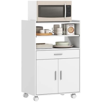 MOBILE MICROONDE IN LEGNO CON CASSETTO, ARMADIETTO A 2 ANTE E 2 RIPIANI, 59X40X92 CM, BIANCO
