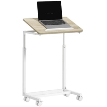TAVOLINO DA LAVORO REGOLABILE CON PIANO INCLINABILE E 4 RUOTE, IN LEGNO E METALLO, 55X36X62.5-82.5 CM, BIANCO E ROVERE