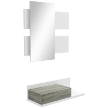 MOBILE DA INGRESSO 2 IN 1 CON SPECCHIO DA PARETE 75X3.5X75 CM E CASSETTO 75X30.5X20 CM, GRIGIO E BIANCO