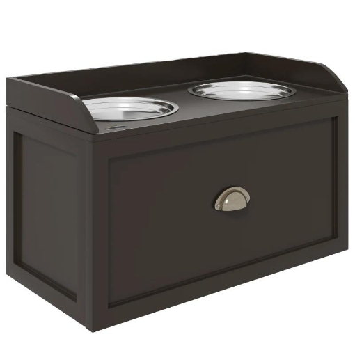 CIOTOLE PER CANI RIALZATE IN ACCIAIO INOX E LEGNO CON CASSETTO, 60X30X36CM, MARRONE