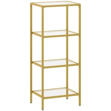 MOBILETTO SCAFFALE A 4 LIVELLI MINIMAL IN METALLO E VETRO TEMPERATO, 40X30X96.5 CM, COLOR ORO