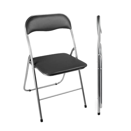 SEDIA PIEGHEVOLE IMBOTTITA NERA, 44X45X78H CM, SEDUTA COMODA, PORTATILE, STRUTTURA IN METALLO, SLIM, SALVASPAZIO, RESISTENTE