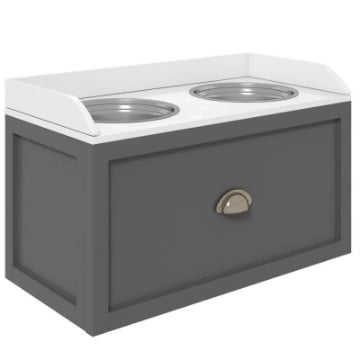 CIOTOLE PER CANI RIALZATE IN ACCIAIO INOX E LEGNO CON CASSETTO, 60X30X36CM, GRIGIO