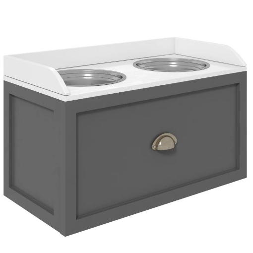 CIOTOLE PER CANI RIALZATE IN ACCIAIO INOX E LEGNO CON CASSETTO, 60X30X36CM, GRIGIO