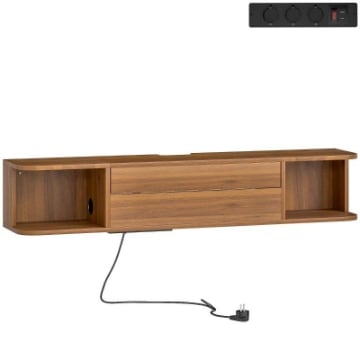 MOBILE PORTA TV FINO 50" SOSPESO CON PRESE DI CORRENTE, USB E TIPO C, CASSETTO E RIPIANI, 120X24X22.4 CM, NOCE