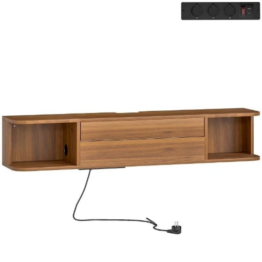 MOBILE PORTA TV FINO 50" SOSPESO CON PRESE DI CORRENTE, USB E TIPO C, CASSETTO E RIPIANI, 120X24X22.4 CM, NOCE