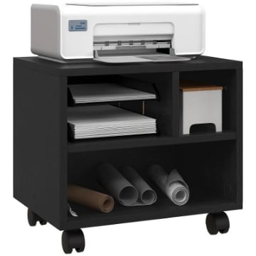 MOBILE PORTA STAMPANTE A 2 LIVELLI CON 3 SCOMPARTI E RUOTE PER UFFICIO E STUDIO, 40X30X36CM, NERO