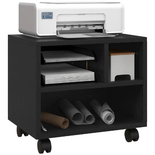 MOBILE PORTA STAMPANTE A 2 LIVELLI CON 3 SCOMPARTI E RUOTE PER UFFICIO E STUDIO, 40X30X36CM, NERO