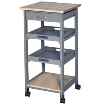 CARRELLO DA CUCINA CON CASSETTO, 2 VASSOI ESTRAIBILI E RIPIANO FISSO, IN LEGNO DI PINO E MDF, 37X37X76 CM