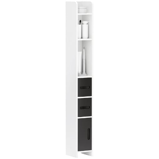 COLONNA BAGNO CON 3 MENSOLE E 3 ARMADIETTI, IN LEGNO, 15X17X120 CM, BIANCO E NERO