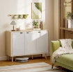 CREDENZA MODERNA A 3 ANTE CON RIPIANO REGOLABILE, 107X35X77 CM, BIANCO LUCIDO E ROVERE