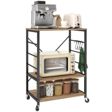 SCAFFALE DA CUCINA A 3 LIVELLI STILE INDUSTRIALE CON RUOTE E 4 GANCI STRUTTURA IN ACCIAIO 60X40X84 CM TEAK