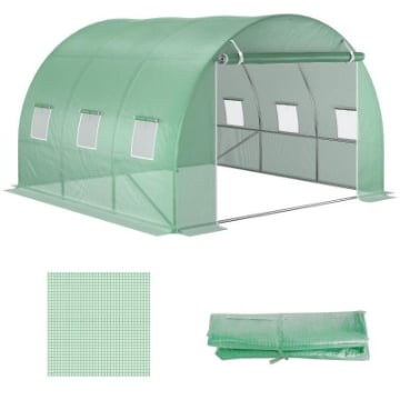 TELO SERRA IN PE CON 6 FINESTRE, PORTA AVVOLGIBILE E BORDI INTERRATI, 3X3X2 M, VERDE