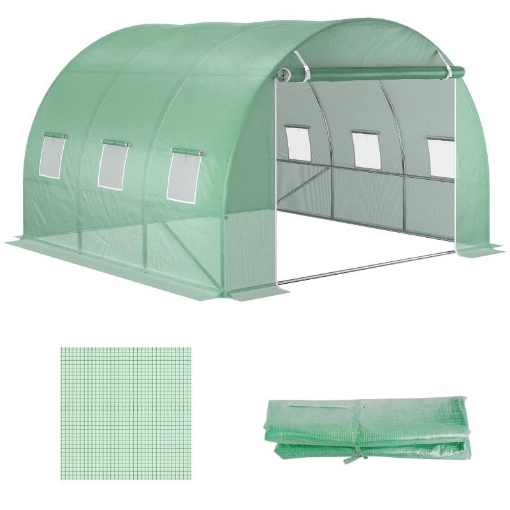 TELO SERRA IN PE CON 6 FINESTRE, PORTA AVVOLGIBILE E BORDI INTERRATI, 3X3X2 M, VERDE