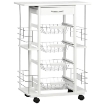 CARRELLO DA CUCINA CON CASSETTO, 4 CESTI E 4 RIPIANI, IN METALLO, CERAMICA E LEGNO, 57X37X83 CM, BIANCO
