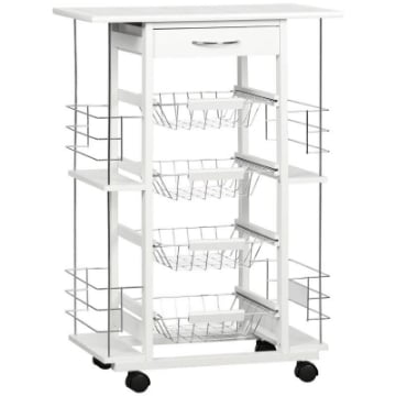 CARRELLO DA CUCINA CON CASSETTO, 4 CESTI E 4 RIPIANI, IN METALLO, CERAMICA E LEGNO, 57X37X83 CM, BIANCO