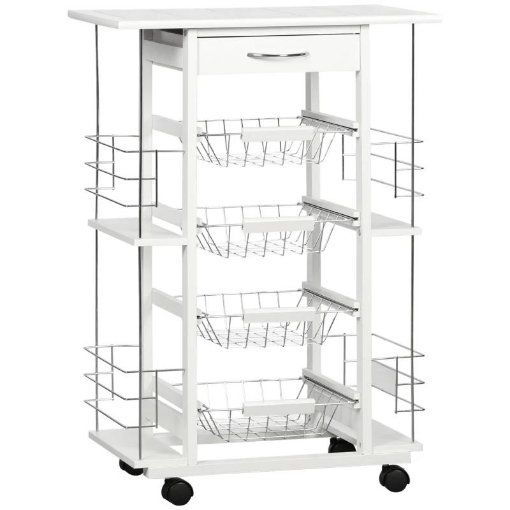CARRELLO DA CUCINA CON CASSETTO, 4 CESTI E 4 RIPIANI, IN METALLO, CERAMICA E LEGNO, 57X37X83 CM, BIANCO