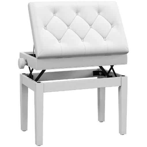 SGABELLO PIANOFORTE REGOLABILE CON VANO PORTAOGGETTI E SEDUTA IMBOTTITA, 54.5X33X48-58 CM, BIANCO
