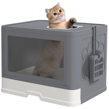 LETTIERA PER GATTI CHIUSA CON COPERCHIO E DOPPIA ENTRATA, CASSETTO ESTRAIBILE, PALETTA E SPAZZOLA, GRIGIO