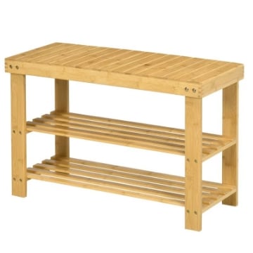 PANCA SCARPIERA BASSA IN BAMBÙ CON 2 RIPIANI A DOGHE E SEDUTA 70X28X45 CM NATURALE