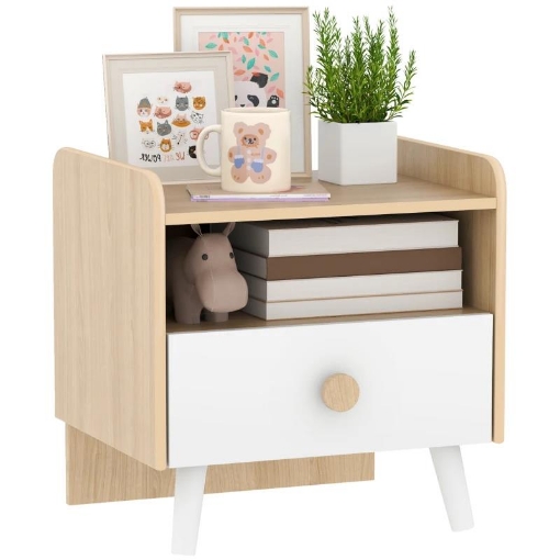 COMODINO CON CASSETTO PER BAMBINI 3-10 ANNI IN LEGNO E LEGNO DI PINO, 40X32.5X40 CM, BIANCO