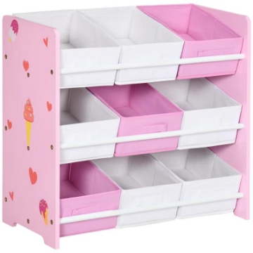 MOBILETTO PORTAGIOCHI CON 9 CESTINI RIMOVIBILI IN LEGNO E TESSUTO, 63X30X60 CM, ROSA E BIANCO