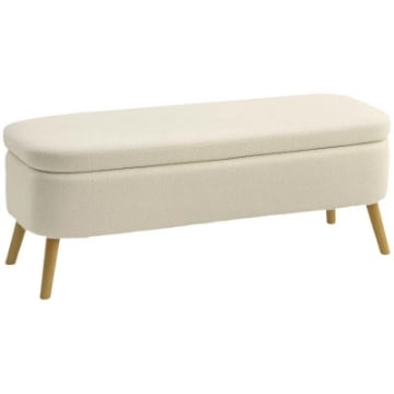 PANCA CONTENITORE DA 65L IN TESSUTO TEDDY E GAMBE IN LEGNO, 120X42X45 CM, BEIGE