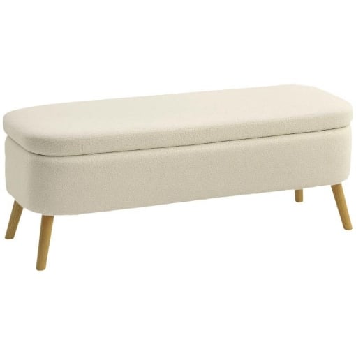 PANCA CONTENITORE DA 65L IN TESSUTO TEDDY E GAMBE IN LEGNO, 120X42X45 CM, BEIGE