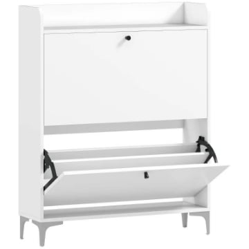 MOBILE SCARPIERA SLIM CON 2 CASSETTI A RIBALTA E RIPIANI REGOLABILI, IN LEGNO E METALLO, 80X24X101 CM, BIANCO