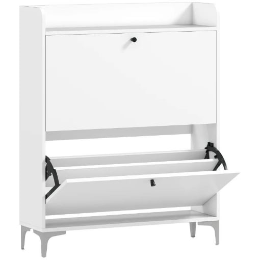 MOBILE SCARPIERA SLIM CON 2 CASSETTI A RIBALTA E RIPIANI REGOLABILI, IN LEGNO E METALLO, 80X24X101 CM, BIANCO