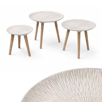 TRIS DI TAVOLINI TONDI  DA ARREDO IN LEGNO E PIANO D'APPOGGIO BIANCO EFFETTO RADIALE D.44,5/40/30