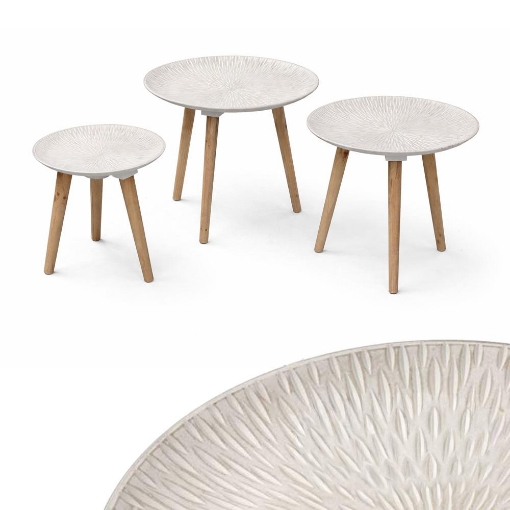 TRIS DI TAVOLINI TONDI  DA ARREDO IN LEGNO E PIANO D'APPOGGIO BIANCO EFFETTO RADIALE D.44,5/40/30