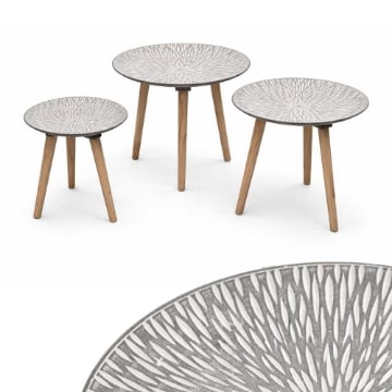 TRIS DI TAVOLINI TONDI  DA ARREDO IN LEGNO E PIANO D'APPOGGIO BICOLORE EFFETTO RADIALE D.44,5/40/30
