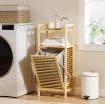 Mobile Bagno a Doghe con Cesto Portabiancheria e Armadietto, in Bamb¨ e Poliestere, 40x30x95 cm, Grigio e Legno