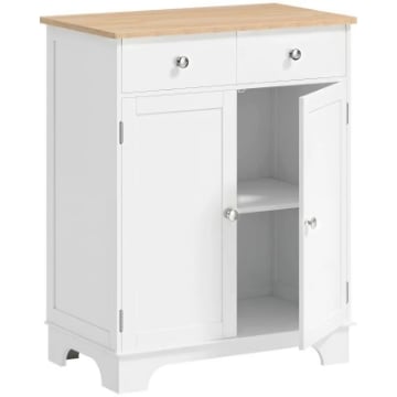 CREDENZA BASSA CON ARMADIETTO 2 ANTE, RIPIANI REGOLABILI E 2 CASSETTI, BIANCO E LEGNO