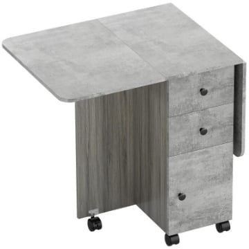 TAVOLO PIEGHEVOLE CON 2 CASSETTI E ARMADIETTO, 6 ROTELLE E FRENI, 120X60X76.5 CM, GRIGIO LEGNO E ROCCIA