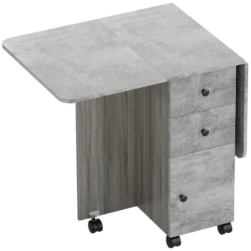 TAVOLO PIEGHEVOLE CON 2 CASSETTI E ARMADIETTO, 6 ROTELLE E FRENI, 120X60X76.5 CM, GRIGIO LEGNO E ROCCIA