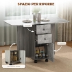 TAVOLO PIEGHEVOLE CON 2 CASSETTI E ARMADIETTO, 6 ROTELLE E FRENI, 120X60X76.5 CM, GRIGIO LEGNO E ROCCIA