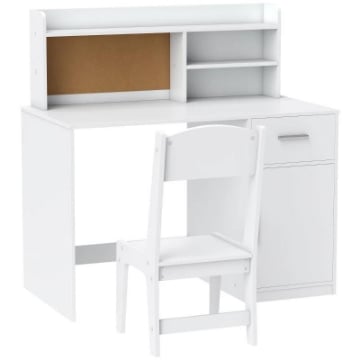 SCRIVANIA PER BAMBINI CON SCAFFALI, ARMADIETTO, CASSETTO E SEDIA PER BAMBINI ABBINATA IN MDF BIANCO