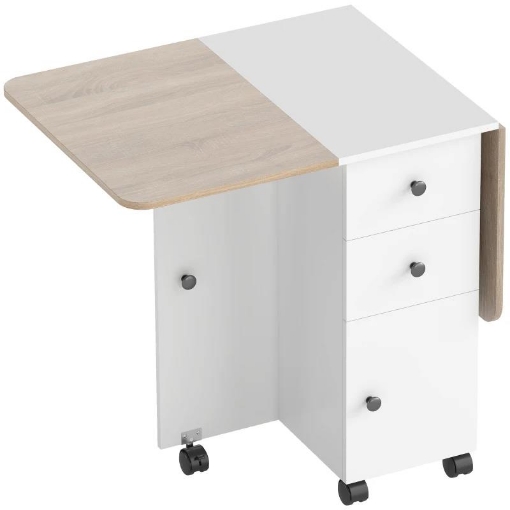 TAVOLO PIEGHEVOLE CON 2 CASSETTI E ARMADIETTO, 6 ROTELLE E FRENI, 120X60X76.5 CM, BIANCO E ROVERE