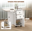 TAVOLO PIEGHEVOLE CON 2 CASSETTI E ARMADIETTO, 6 ROTELLE E FRENI, 120X60X76.5 CM, BIANCO E ROVERE