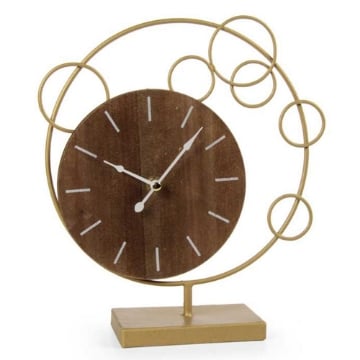 OROLOGIO DA TAVOLO CON QUADRANTE IN LEGNO 24X7X27CM STRUTTURA IN METALLO DI COLORE ORO