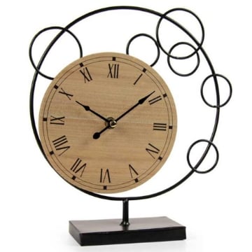 OROLOGIO DA TAVOLO CON QUADRANTE IN LEGNO 24X7X27CM STRUTTURA IN METALLO DI COLORE NERO