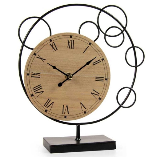 OROLOGIO DA TAVOLO CON QUADRANTE IN LEGNO 24X7X27CM STRUTTURA IN METALLO DI COLORE NERO