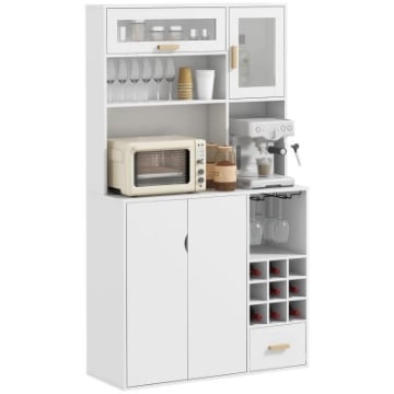 MOBILE DISPENSA CON PORTABOTTIGLIE, ARMADIETTI, RIPIANI E CASSETTO, IN TRUCIOLATO E LEGNO, 100X38X172 CM, BIANCO