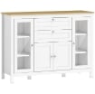 MOBILE CUCINA CON 2 CASSETTI E 3 ARMADIETTI, ANTE IN VETRO E RIPIANI REGOLABILI, 120X40X90 CM, BIANCO E ROVERE