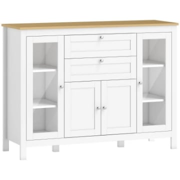 MOBILE CUCINA CON 2 CASSETTI E 3 ARMADIETTI, ANTE IN VETRO E RIPIANI REGOLABILI, 120X40X90 CM, BIANCO E ROVERE