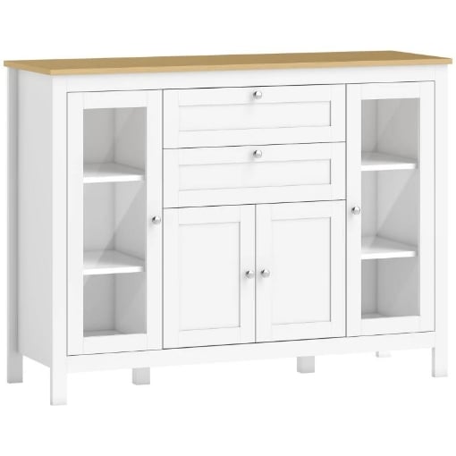 MOBILE CUCINA CON 2 CASSETTI E 3 ARMADIETTI, ANTE IN VETRO E RIPIANI REGOLABILI, 120X40X90 CM, BIANCO E ROVERE