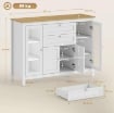 MOBILE CUCINA CON 2 CASSETTI E 3 ARMADIETTI, ANTE IN VETRO E RIPIANI REGOLABILI, 120X40X90 CM, BIANCO E ROVERE